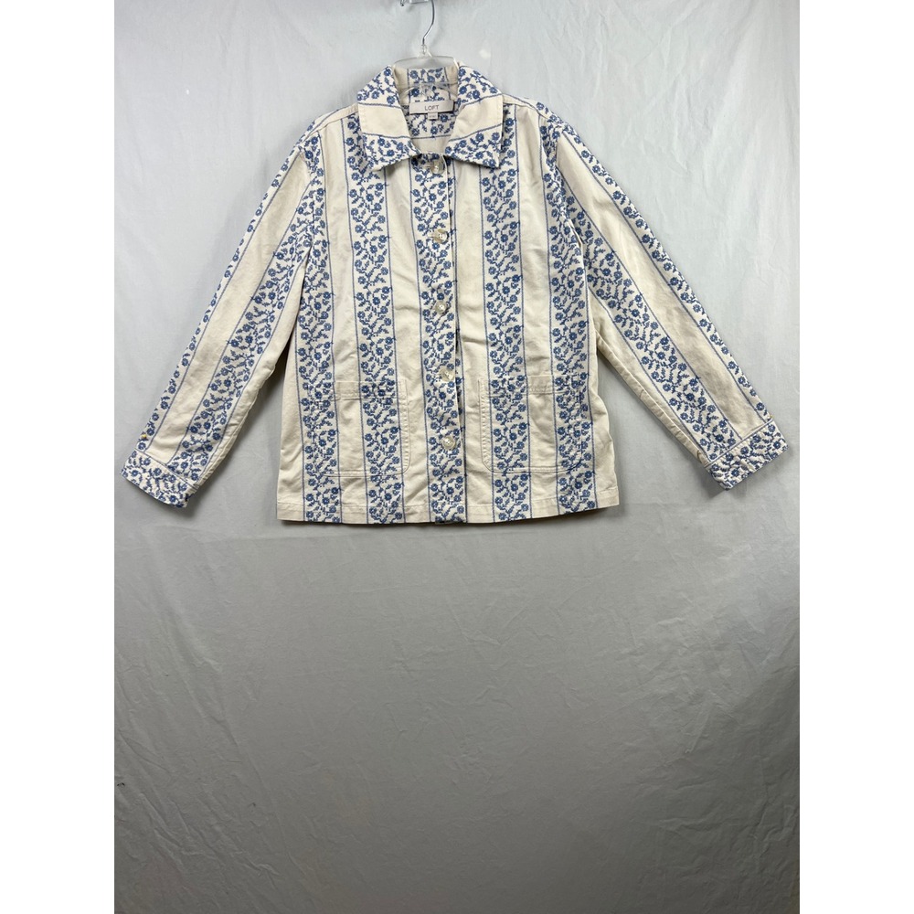 LOFT Utility Jacket Womens XS White Blue Floral Embroidered Stripe Button Front